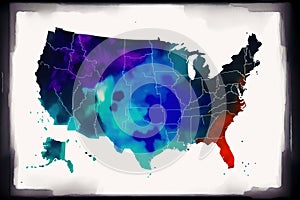 Map of USA with states in different shades of blue and red. Watercolor paint. Digital art, Generative AI