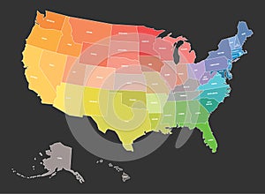 Map of USA, United States of America, in colors of rainbow spectrum. With state names