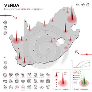 Map of Venda Epidemic and Quarantine Emergency Infographic Template. Editable Line icons for Pandemic Statistics. Vector photo