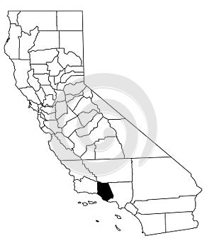 Map of Ventura County in California state on white background. single County map highlighted by black colour on California map.