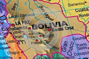 Map view of Bolivia on a geographical globe.