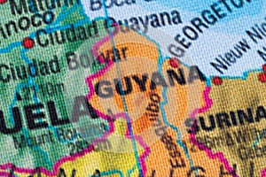 Map view of Guyana on a geographical globe.