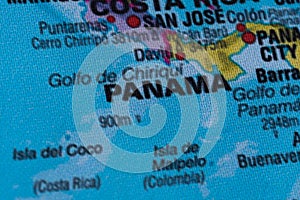 Map view of Panama on a geographical globe.