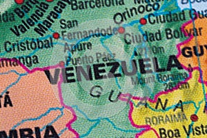 Map view of Venezuela on a geographical globe.