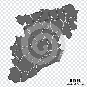 Map Viseu District on transparent background. Viseu District map with municipalities in gray
