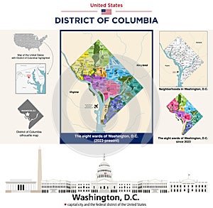 Map of wards and neighborhoods in District of Columbia. City skyline of Washinton, D. C.