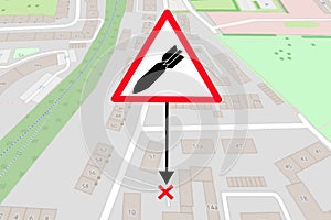 map with warning sign dud unexploded air bomb or explosive danger