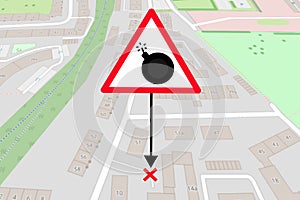 map with warning sign dud unexploded bomb or explosive danger