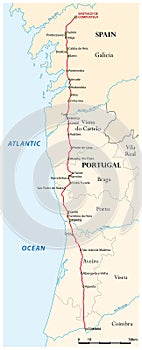 Map of the Way of St. James from Coimbra to Santiago de Compostela, Caminho Portugues, Spain, Portugal