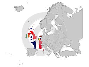 Map of West Europe countries with national flag on gray map of Europe