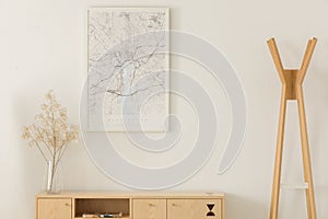 Map in white frame, flower in a glass vase on wooden shelf, next to wooden hanger, real photo