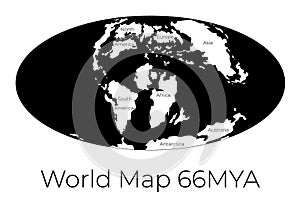 Map of the World 66MYA. Monochrome vector illustration of Worldmap with white continents and black oceans isolated on