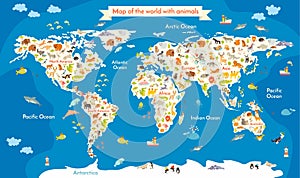 Map of the World with animals. Beautiful colorful vector illustration with the inscription of the oceans and continents.