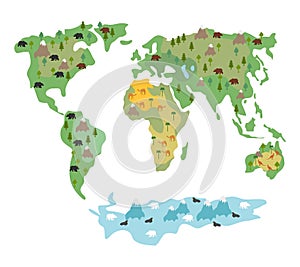 Map of world with animals and trees. Geographic map of globe w