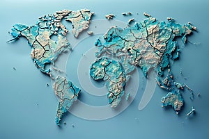 A map of the world with cracked cracks, light blue background, ultrahigh definition image quality, top view angle, flat compo photo