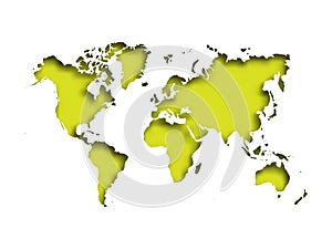 Map of World cut into paper with inner shadow isolated on green background. Vector illustration with 3D effect