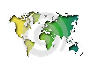 Map of World cut into paper with inner shadow isolated on green gradient background. Vector illustration with 3D effect