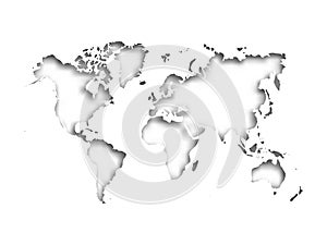 Map of World cut into paper with inner shadow isolated on grey background. Vector illustration with 3D effect