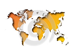 Map of World cut into paper with inner shadow isolated on orange gradient background. Vector illustration with 3D effect