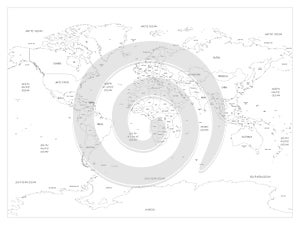 Map of World. Detailed thin black outline political map with country, sea and ocean names. Vector map