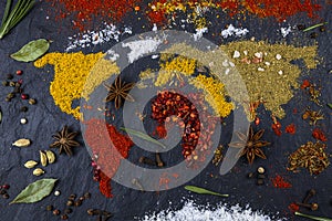 Map of the world of different spices on a black background