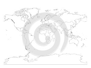 Map of World divided into regions. Thin black outline map. Simple flat vector illustration