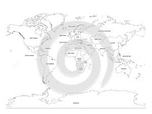 Map of World divided into regions. Thin black outline map. Simple flat vector illustration