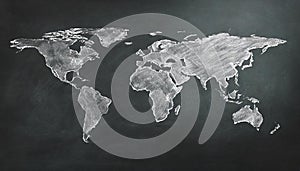 Map of the world drawing with chalk on blackboard