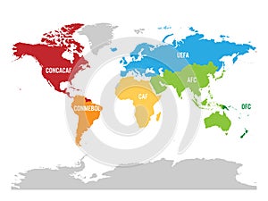 Map of world football, or soccer, confederations - CONMEBOL, CONCACAF, CAF, UEFA, AFC and OFC