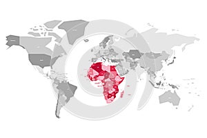 Map of World in grey colors with red highlighted countries of Africa. Vector illustration