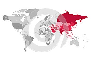 Map of World in grey colors with red highlighted countries of Asia. Vector illustration