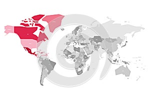 Map of World in grey colors with red highlighted countries of North America. Vector illustration