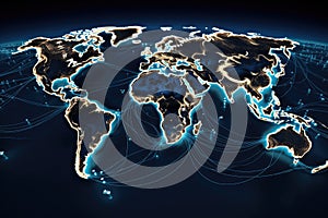 Map of the World With Interconnected Lines, Global Connectivity and Network Routes, Underwater internet cables connecting