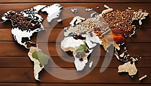 Map of world made from different kinds of spices on wooden background