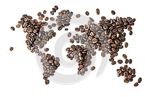 Map of the world made of roasted coffee beans isolated on white background.