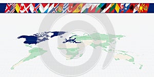 Map of the world with the members of the North Atlantic Alliance. A set of flags of the Alliance members with a fluttering effect