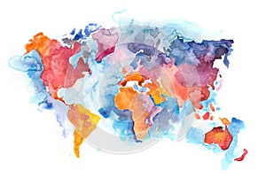 Map of the world with oceans and seas. Watercolor hand drawn