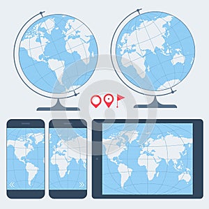 Map of world set. Globe, mobile phone and digital tablet.