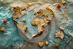 A map of the world showcasing various hearts marked on different locations, A journey of love depicted through a heart-shaped map