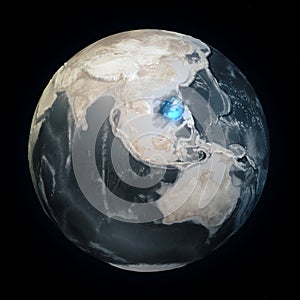 Map of the world without water. All the water on Earth in one place. Water sphere. Climate change, global warming. Physical world