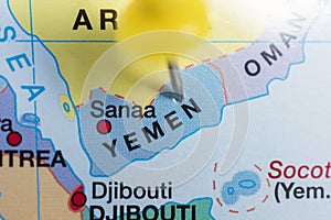 Map of Yemen with yellow pushpin stuck