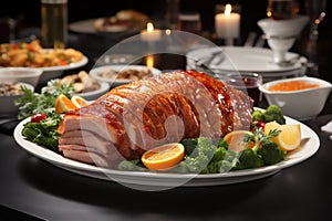 maple-glazed ham with a crispy caramelized crust, on a white flat plate, greens in the background