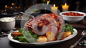 Maple-glazed ham with a crispy caramelized crust, on a white flat plate, greens in the background