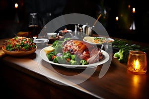 maple-glazed ham with a crispy caramelized crust, on a white flat plate, greens in the background