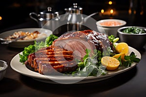 maple-glazed ham with a crispy caramelized crust, on a white flat plate, greens in the background