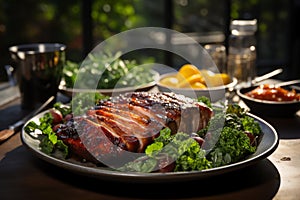 maple-glazed ham with a crispy caramelized crust, on a white flat plate, greens in the background