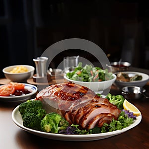 maple-glazed ham with a crispy caramelized crust, on a white flat plate, greens in the background