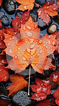 Maple leaf fall colors with water droplets