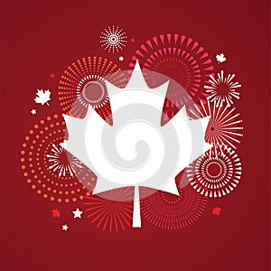 Maple leaf with firework poster for celebrate the national day of Canada. Happy Canada Day card. Canada flag, fireworks