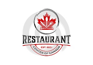 Maple leaf with fork, spoon, knife concept. Canada food restaurant logo design inspiration template